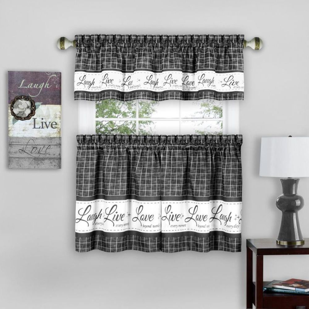 Country Gingham Check Live Laugh Love 3-Piece Cafe Plaid Kitchen Curtain Set
